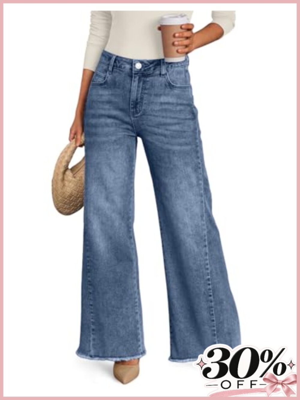 Wide Leg Jeans Relaxed Loose Raw Hem Mid Rise Stretch Denim